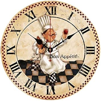 Moonluna Bon Appetit Italian Cooking Chef Drink Wine Round Wall Wooden Clock for Men Decoration Silent Non-Ticking 14 Inches