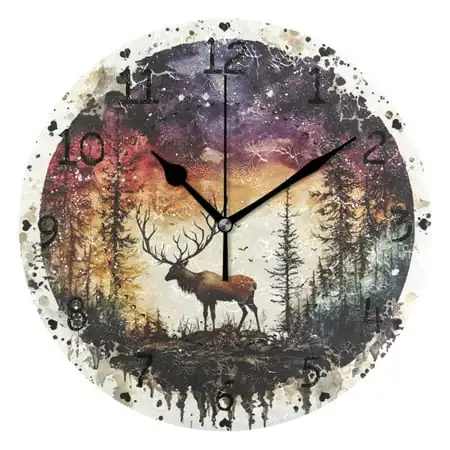 Moose in The Forest Round Wall Clock Silent Battery Operated Home Decor for Living Room Bedroom