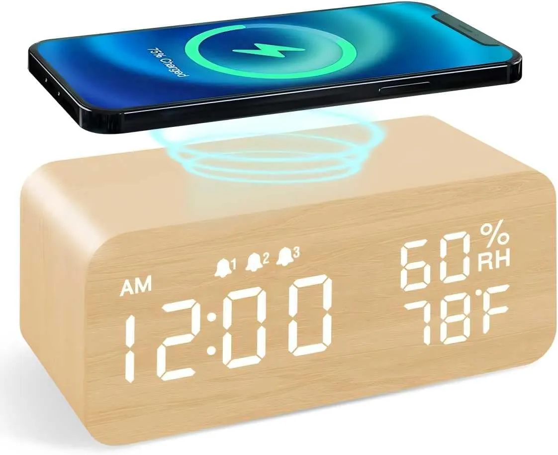 Multi Functional Creative Wooden Clock, LED Wooden Charging Alarm Clock,12/24H Time Display,Temperature Display, Dual Alarms for Home/Office/Bedroom（Bamboo Color）