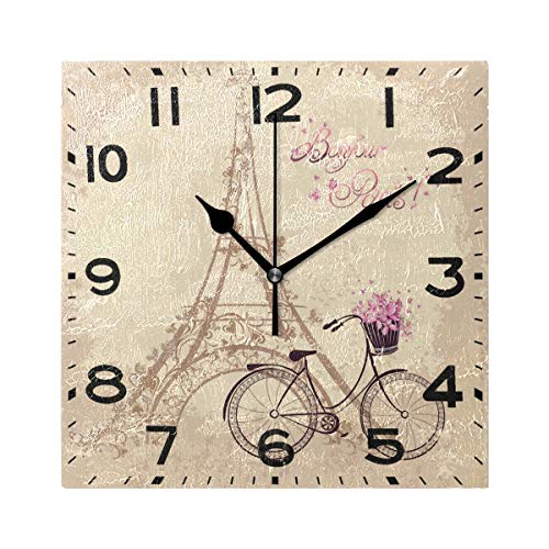 Naanle Chic Romantic Eiffel Tower and Bicycle Bonjour Paris Square Wall Clock Decorative, 8 Inch Battery Operated Quartz Analog Quiet Desk Clock for Home,Office,School