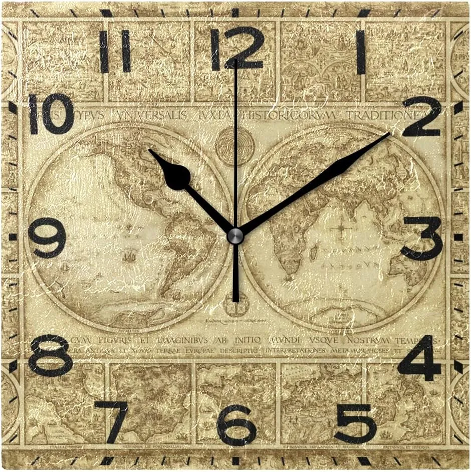 Naanle Old World Map Print Square Wall Clock Decorative, 8 Inch Battery Operated Quartz Analog Quiet Desk Clock for Home,Office,School