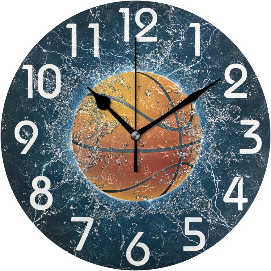 Naanle Stylish 3D Basketball in Magic Splashed Water Print Round Wall Clock Decorative, 9.5 Inch Battery Operated Quartz Analog Quiet Desk Clock for Home,Office,School