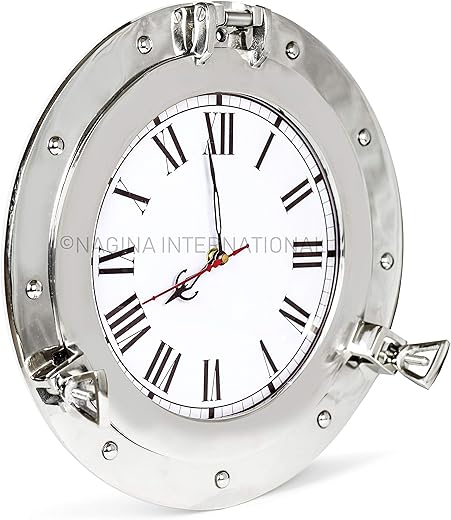 Nagina International 12" Premium Silver Lined Aluminum Nickel Plated Nautical Ship's Porthole Time's Clock | Maritime Wall Decor & Exclusive