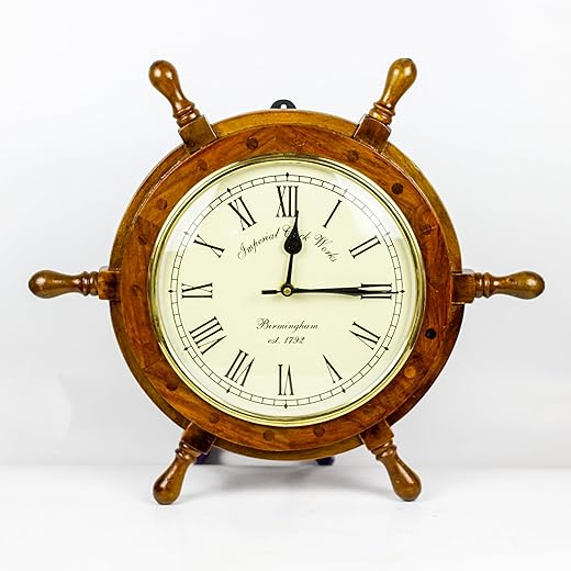 Nagina International 16" Handcrafted Nautical Ship Wheel with 8" Roman Numeral Dial Face Time's Clock | Maritime Wall Decor Clock