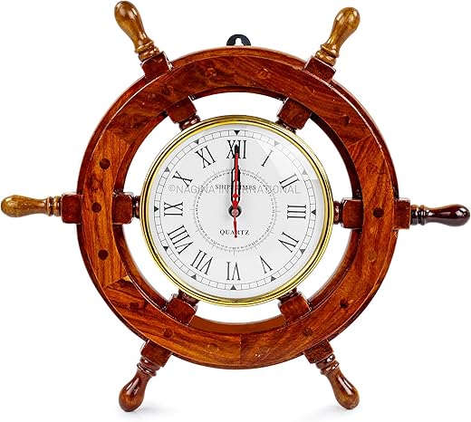 Nagina International 16 Hand Crafted Wooden Ship Wheel with 6 Wall Decor Premium Vintage Roman Dial Time's Clock | Maritime Decorative Exclusive Wall Decor Clock