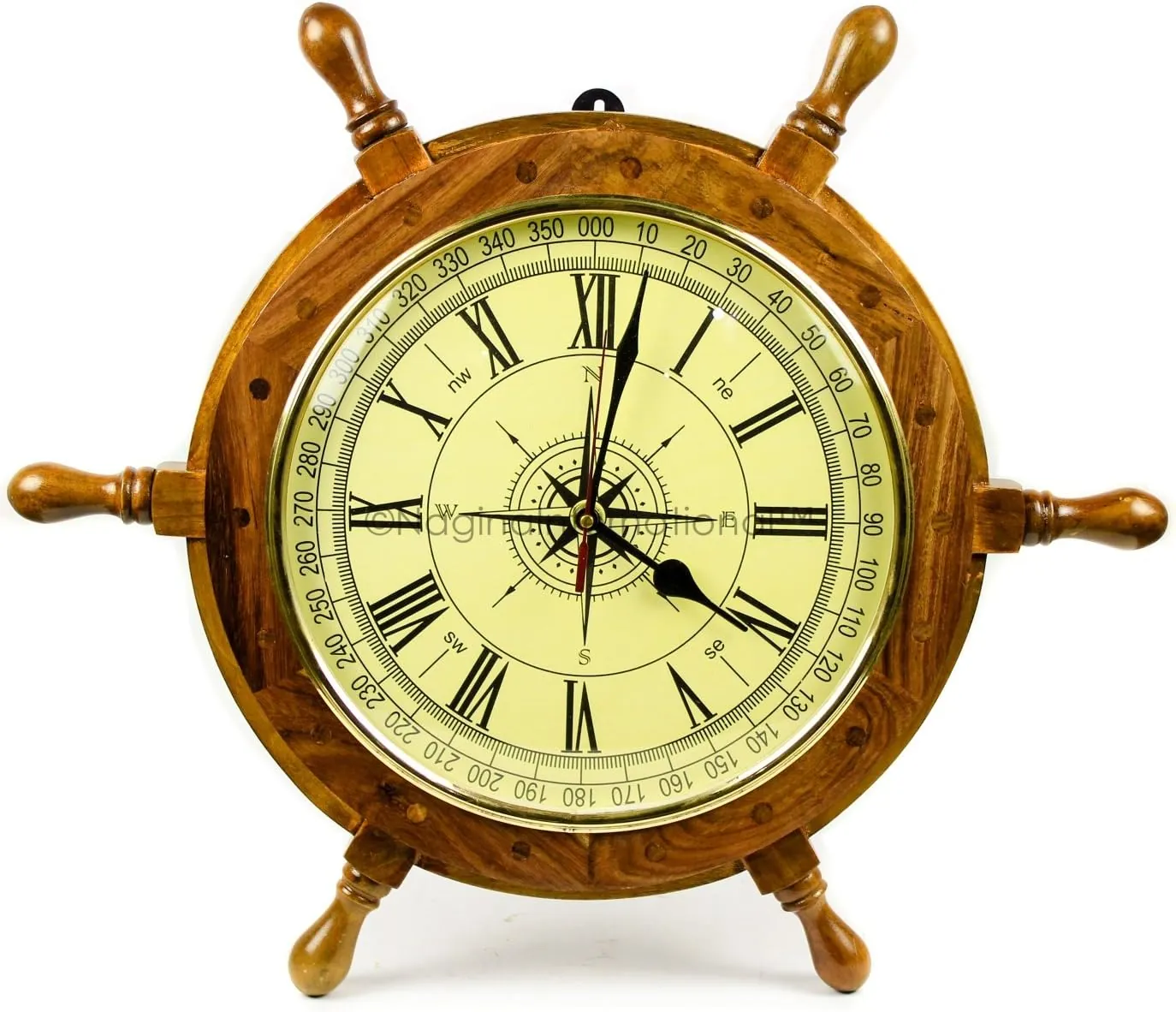 Nagina International 18" Nautical Hand Crafted Premium Ship Wheel Clock with Directional Pirate's Compass Dial Face | Home Decor Wall Clock Nursery Gifts & Collectibles