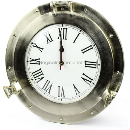 Nagina International Brushed Nickel Aluminum Metal Roman Porthole Clock | Nautical Navy Decor Gifts (12 Inches)