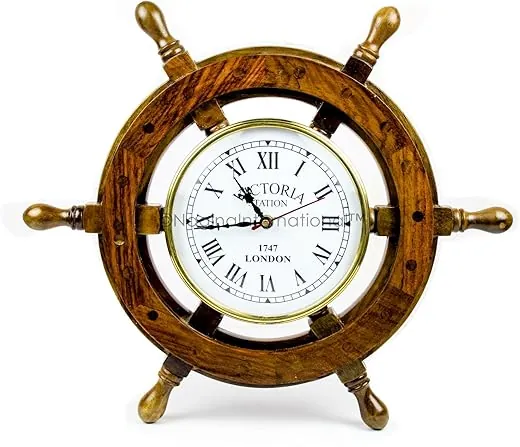 Nagina International Nautical Handcrafted Wooden Premium Wall Decor Wooden Clock Ship Wheels | Pirate's Accent | Maritime Decorative Time's Clock (12 Inches, Clock Size - 6 Inches)