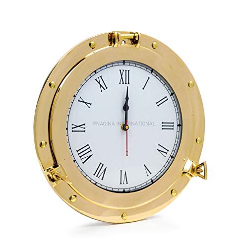 Nagina International Premium Nautical Brass Porthole Clock | Pirate Ship's Elegant Metal Roman Dial Face Wall Clock | Home Decorative Gifts (6 Inches)