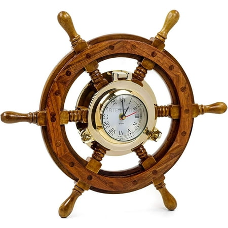 Nagina International Sailor's Premium Home Decor Time's Clock Nautical Brass Porthole Ship's Wheel | Deluxe Office Decor | Wall Decor | Birthday Gift | Christmas (36 Inches)