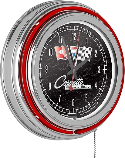 Neon Clock - Retro Corvette C2 Black Analog Wall Clock with Pull Chain - for Kitchen, Garage, Game Room, or Home Bar by Trademark Gameroom