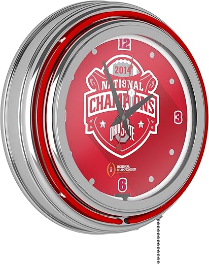 Neon Clock - Retro Ohio State University National Champions Red Analog Wall Clock with Pull Chain - for Kitchen, Garage, Game Room, or Home Bar by Trademark Gameroom