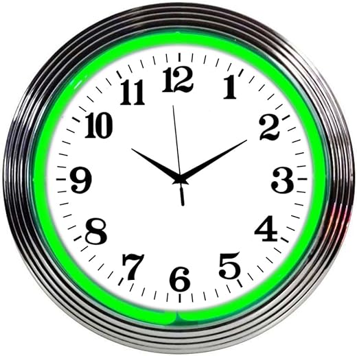 Neonetics Bar and Game Room Neon Alphanumeric Wall Clock with Green Neon and Chrome Rim, 15-Inch