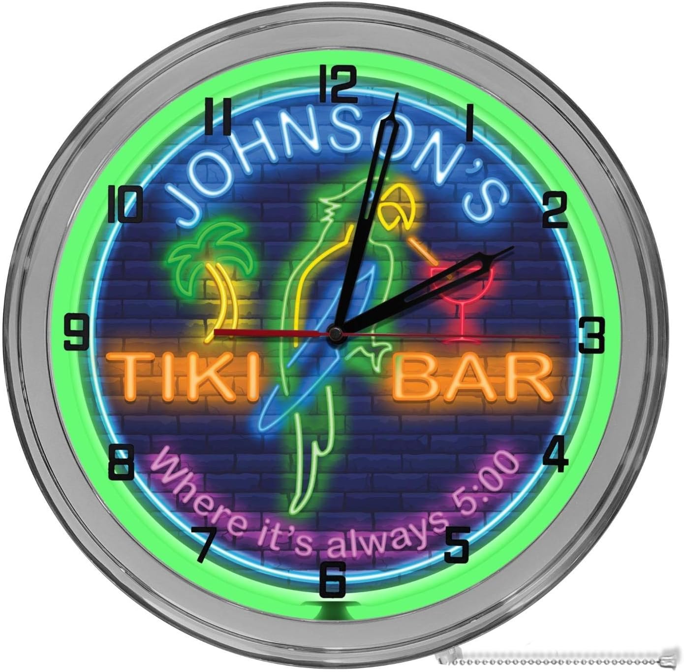 Neon Themed Parrot Tiki Bar 16" Light Up Green Neon Clock