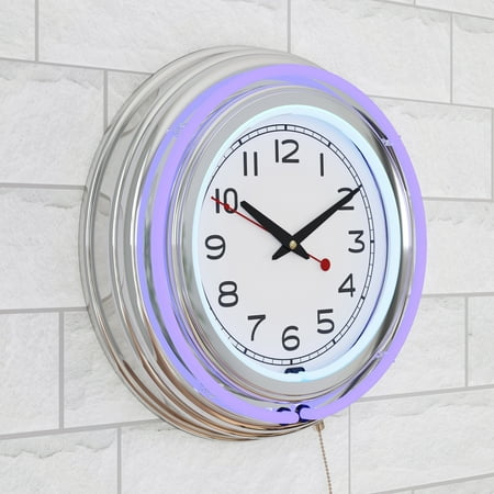 Neon Wall Clock- 14 Round, Double Light Ring, Dual Power, Analog Quartz Timepiece- Retro Décor for Bar, Garage & Game Room by Lavish Home (Purple)