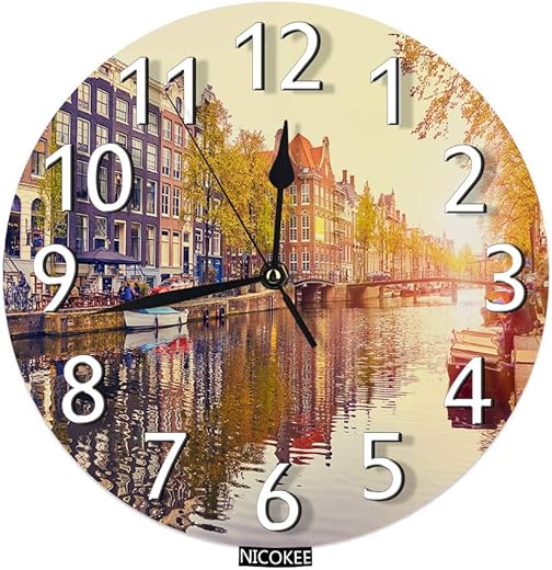 Netherlands Amsterdam Wall Clock European City Spring Landscape Netherlands Amsterdam Houses River Landscape Round Wall Clock Custom Clock Silent Non-Ticking for Home Office Decor