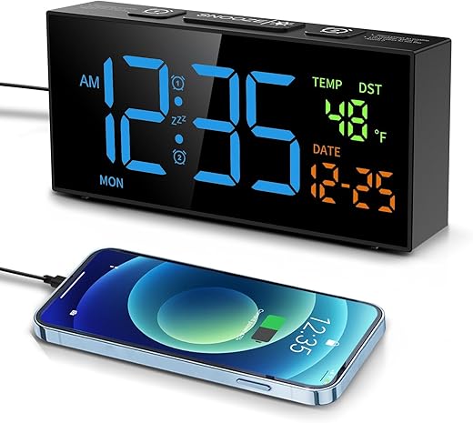 Netzu Alarm Clocks for Bedrooms, Digital Alarm Clock with Date Temperature and Weekday, Manual DST, Snooze, 2 Alarms, 4 Volumes Bedside Desk Clock for Living Room Home (Black and Blue)