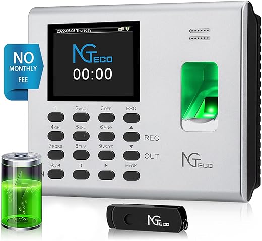 NGTeco Time Clock for Small Businesses, 2.4GHz WiFi Fingerprint Time Clock with Battery Backup, Automatic Punch in/Out, No Monthly Fees, Compatible with iOS/Android App