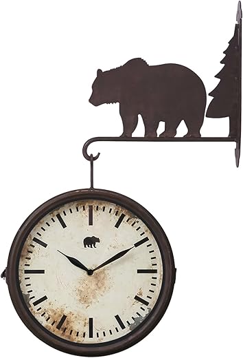 NIKKY HOME Bear Clock Double Sided Wall Clock Cabin Home Decor Rustic Forest Farmhouse Vintage Metal Cute Hanging Large Clock Nature Animal Decorative Gift for Living Room Bedroom Kitchen, Brown Bear