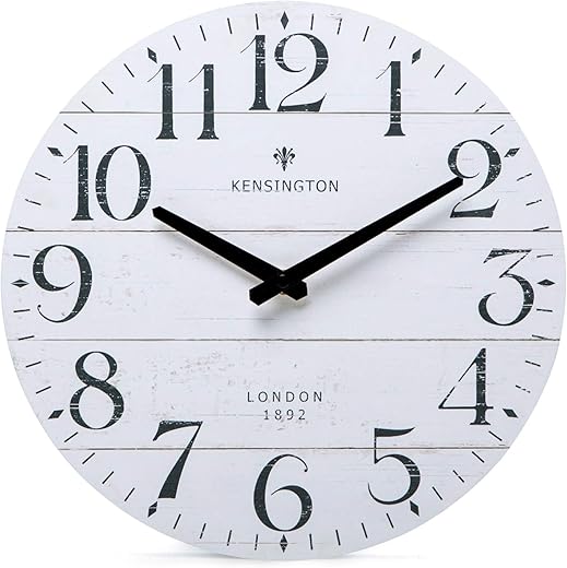 NIKKY HOME Farmhouse White Wall Clock - 12 Inch Quartz Battery Operated Vintage Wooden Decorative Silent Analog Clock for Kitchen, Living Room, Bedroom, Office