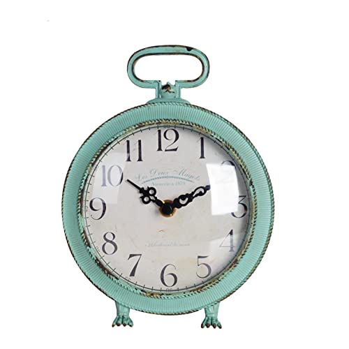 NIKKY HOME Table Clock Vintage Metal Round Desk Clock with Handle and Dragon Feet Stand for Home Living Room Bedroom Decor 5.6'' by 2.2'' by 7.5'', Distressed Aqua Blue