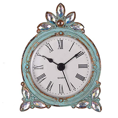 NIKKY HOME Vintage Pewter Quartz Mini Table Clock with Crystal Shining Rhinestone, 2.87 x 1.37 x 3.87 Inches, Aqua