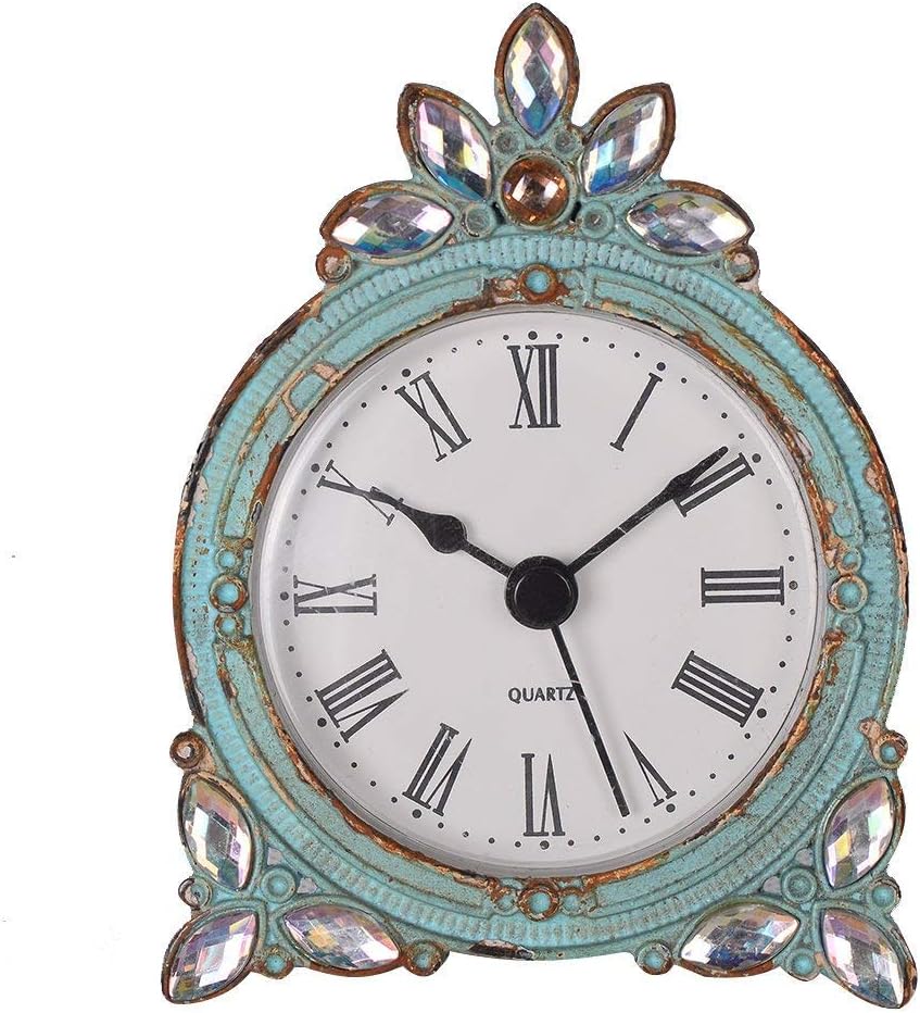 NIKKY HOME Vintage Pewter Quartz Mini Table Clock with Crystal Shining Rhinestone, 2.87 x 1.37 x 3.87 Inches, Aqua