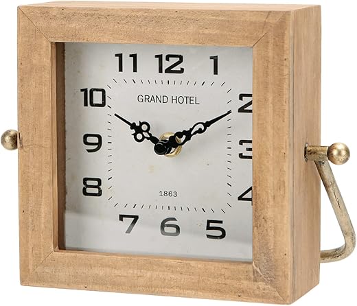 NIKKY HOME Wooden Table Clock, Classic Square Outlook with Arabic Numerals Silent Desk Clock Battery Operated for Bedroom Home Office