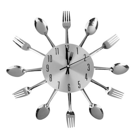 NUOLUX Spoon Fork Wall Clock for Kitchen Dining Room Decoration (Silver)