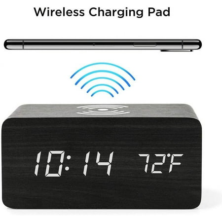 Oct17 Alarm Clock With Qi Wireless Charging Pad Compatible With Iphone Samsung Wood[1657]