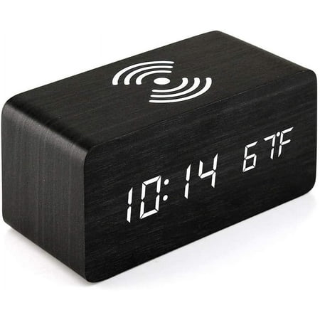 OCT17 Alarm Clock with Qi Wireless Charging Pad compatible with iPhone Samsung Wood LED Digital Clock Sound Control Function, Time Date, Temperature Display for Bedroom Office Home - Black