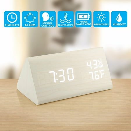 OCT17 Wooden Alarm Clock, Wood LED Digital Desk Clock, Upgraded with Time Temperature, Adjustable Brightness and Voice Control, Humidity Displaying - White