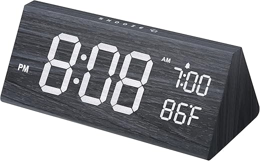 OCT17 Wooden Digital Alarm Clocks for Bedrooms,Electric Desk Clock with Large Numbers,Temperature Detect,USB Port,Adjustable Volume, Dimmer,Snooze,Wood Décor(Black)