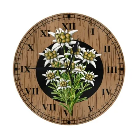 Old World Look Faux Wood & Edelweiss Wall Clock - 10 Inch Silent Non-Ticking Wall Clocks -Country Retro Rustic Style Decorative For Living Room Kitchen Home Bathroom Bedroom