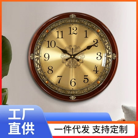 Onm6 European-Style Solid Wood Vintage Wall Clock Living Room Clock American Light Luxury Bedroom Pocket Watch Wall-Mounted Atmospheric Quartz