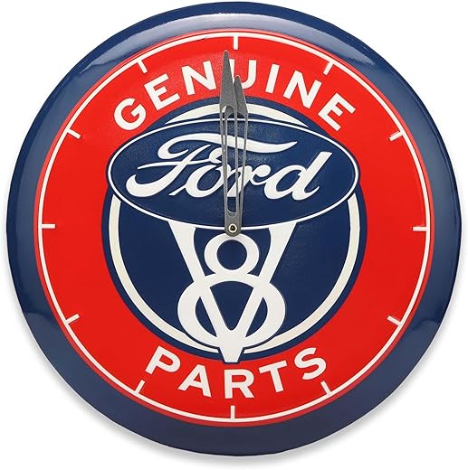 Open Road Brands Ford V8 Genuine Parts Round Embossed Metal Wall Clock - Vintage Ford Clock for Garage, Shop or Man Cave