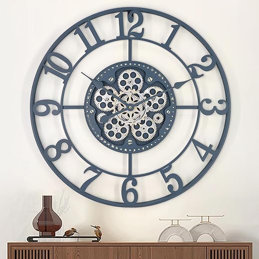 Oversized Wall Clocks for Living Room Deco Real Moving Gears Wall Clock Industrial Steampunk Vintage Retro Home Decor Wall Clock Metal 24 Inch Kitchen Wall Clocks Battery Operated (C-Blue)