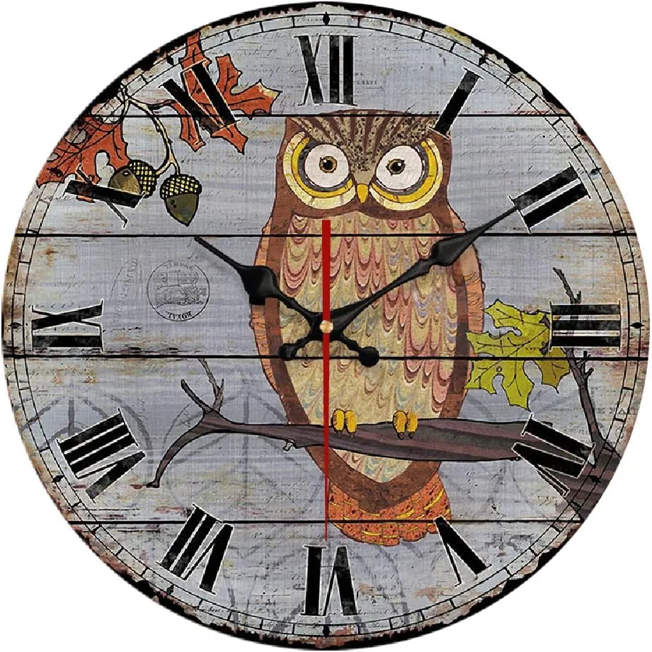 Owl Wall Clock Made of Wood Battery Operated Home Decoration French Country Silent Clock Painted Retro Style for Children's Room (12inch)