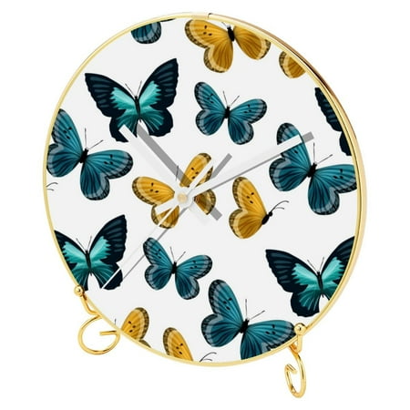 OWNTA Blue Brown Butterflies Pattern Round Printed Wall Clocks with Hooks and Gold Stand: Silent, Non-Ticking Timepieces for Stylish and Peaceful Settings