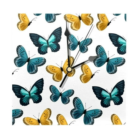 OWNTA Blue Brown Butterflies Pattern Wood Square Wall Clock, 7.87 in, Silent Non-Ticking, Classic Home Decor, Stylish Office Clock, Battery Operated, Gift Idea