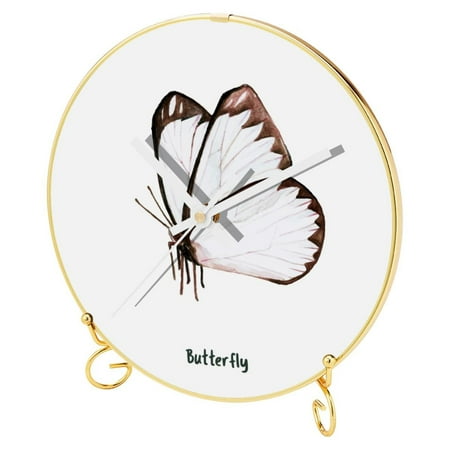 OWNTA Brown Watercolor Butterfly-01 Pattern Round Printed Wall Clocks with Hooks and Gold Stand: Silent, Non-Ticking Timepieces for Stylish and Peaceful Settings