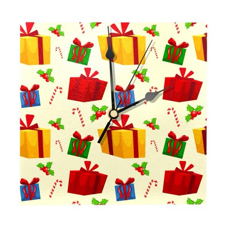 OWNTA Christmas Gift Present Boxes Pattern Wood Square Wall Clock, 7.87 in, Silent Non-Ticking, Classic Home Decor, Stylish Office Clock, Battery Operated, Gift Idea