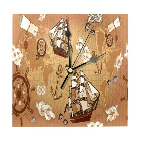 OWNTA Old Map World Pattern Wood Square Wall Clock, 7.87 in, Silent Non-Ticking, Classic Home Decor, Stylish Office Clock, Battery Operated, Gift Idea