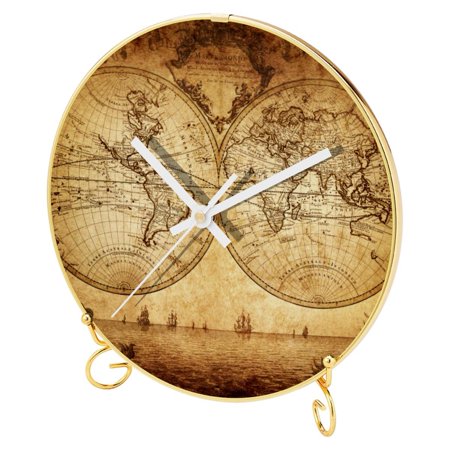 OWNTA Retro Old World Map Antique Pattern Round Printed Wall Clocks with Hooks and Gold Stand: Silent, Non-Ticking Timepieces for Stylish and Peaceful Settings