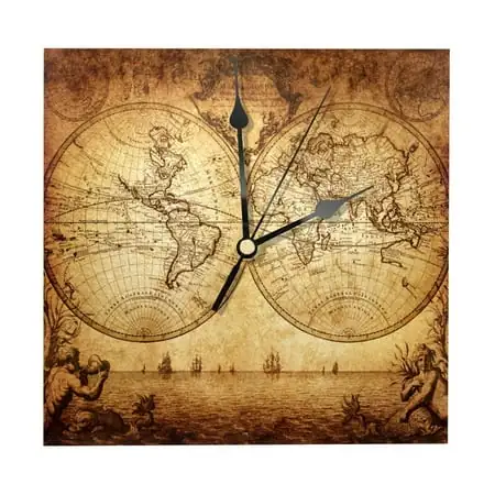 OWNTA Retro Old World Map Antique Pattern Wood Square Wall Clock, 7.87 in, Silent Non-Ticking, Classic Home Decor, Stylish Office Clock, Battery Operated, Gift Idea