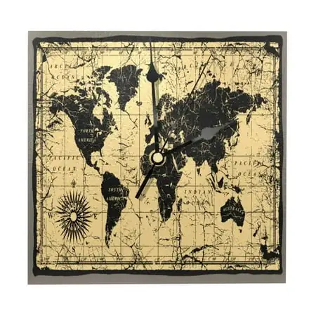 OWNTA Retro Old World Map Compass Pattern Wood Square Wall Clock, 7.87 in, Silent Non-Ticking, Classic Home Decor, Stylish Office Clock, Battery Operated, Gift Idea