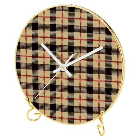 OWNTA Vintage Brown Plaid Grid Retro Pattern Round Printed Wall Clocks with Hooks and Gold Stand: Silent, Non-Ticking Timepieces for Stylish and Peaceful Settings