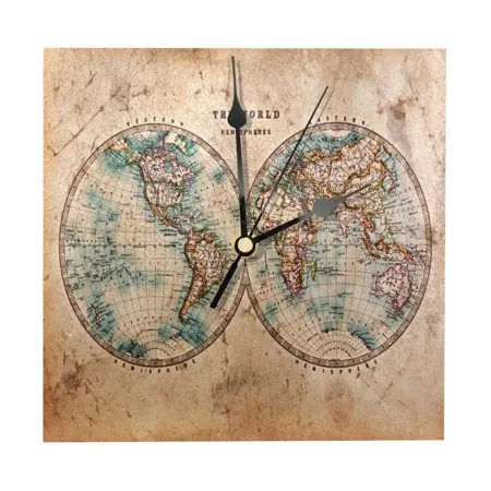 OWNTA Vintage Retro Old World Map Pattern Wood Square Wall Clock, 7.87 in, Silent Non-Ticking, Classic Home Decor, Stylish Office Clock, Battery Operated, Gift Idea