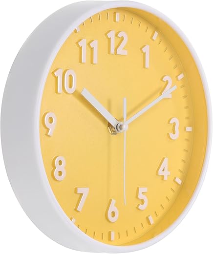 PATIKIL 8 Inch Wall Clock, 3D Number Quartz Battery Operated Silent Non-Ticking Round Wall Clocks for Office Bedroom Decorative, Yellow