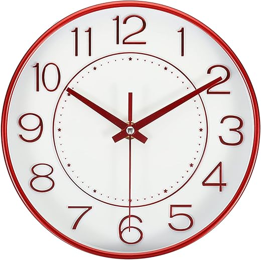 PATIKIL 8 Inch Wall Clock, Battery Operated Silent Non-Ticking Round Modern Wall Clock for Kitchen Office Bedroom Decor, Red